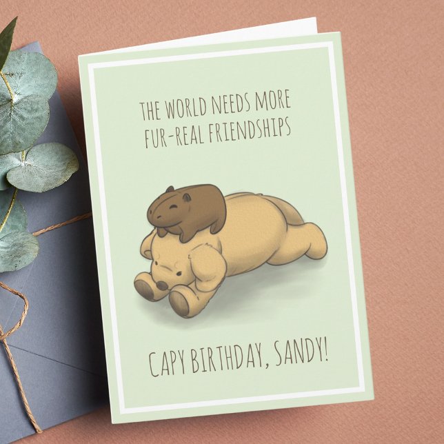 Funny Capybara och Hund Pun Grönt Birthday Card Kort (A birthday greeting fur-real friends.)
