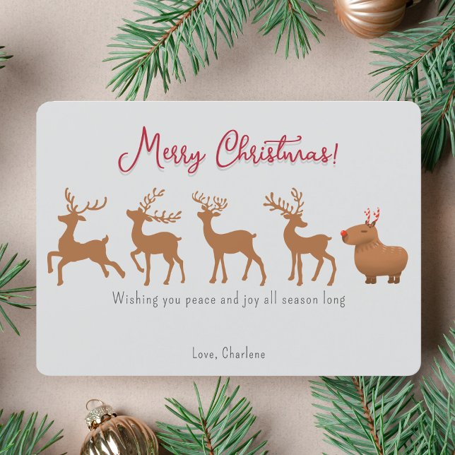Funny Capybara Reindeer-julkort Julkort (This hilarious capybara reindeer Christmas card is guaranteed to make you jolly.)