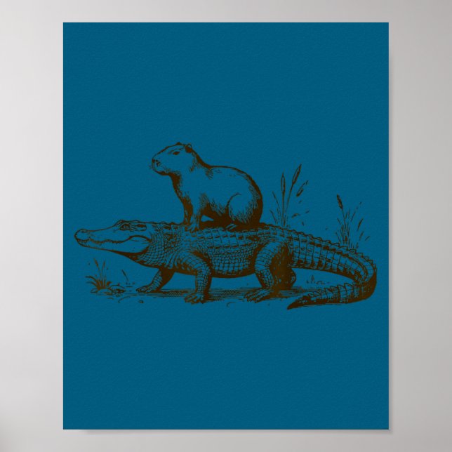 Funny Capybara Riding An Alligator Men Women Capyb Poster (Framsidan)