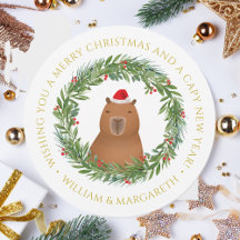Funny Capybara Santa Pun Round Guld-julkort