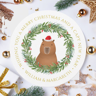 Funny Capybara Santa Pun Round Guld-julkort