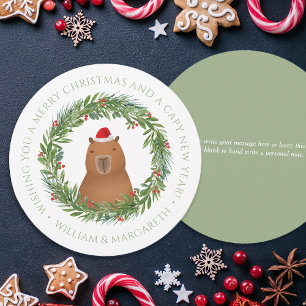 Funny Capybara Santa Pun Sage Round julkort