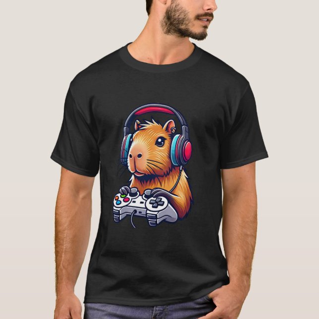 Funny Capybara spelar videospel Spelar spel T Shirt (Framsida)