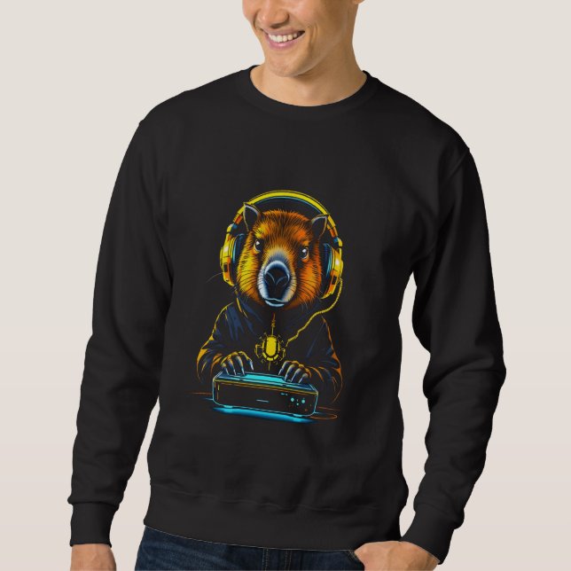 Funny Capybara Tee Gamepad Headphones Video Games  Lång Ärmad Tröja (Framsida)