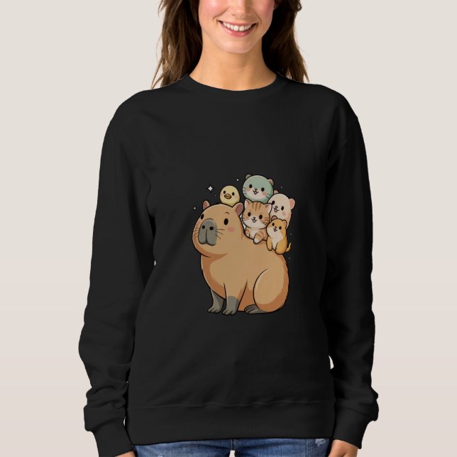 Funny Capybara with Tiny Animal Friends Duck Cat H T Shirt (Framsida)
