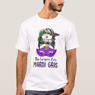 Funny Caregiver Nurse Leopard Messy Bun Mardi Gras T Shirt