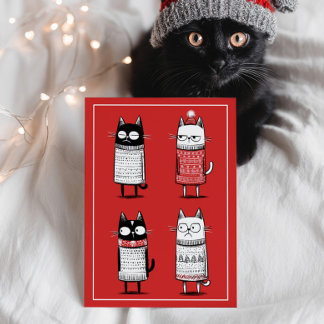 Funny Cartoon Cats Lover Red Meowy Christmas Vykort