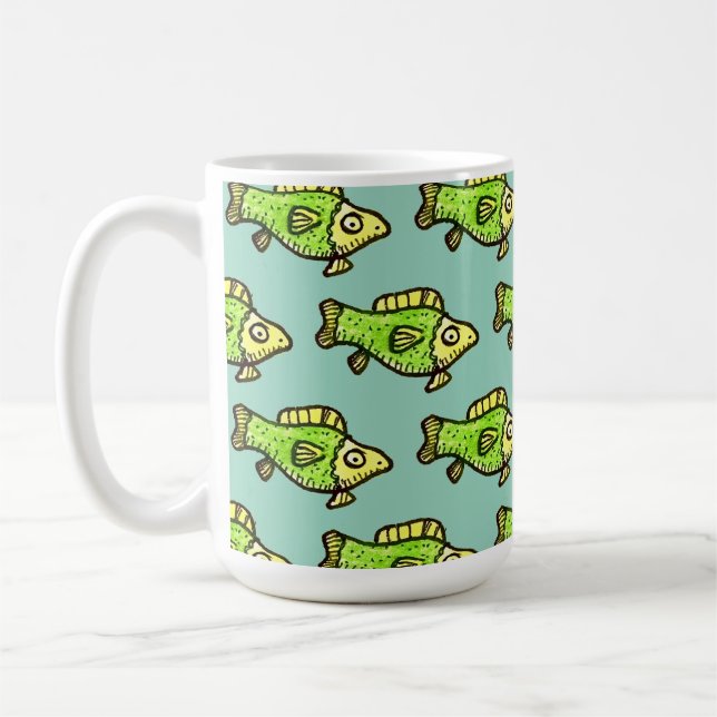 Funny Cartoon Green Fish Drawing Kaffemugg (Vänster)