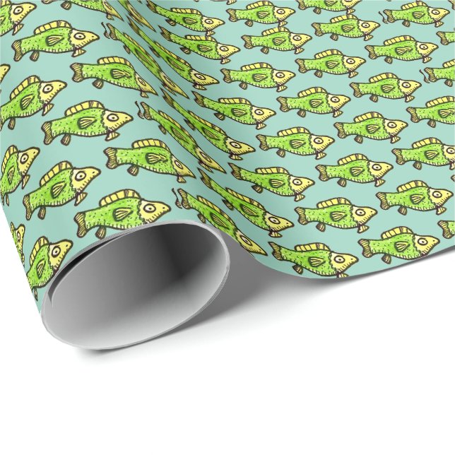 Funny Cartoon Green Fish Drawing Presentpapper (Rullad Hörn)