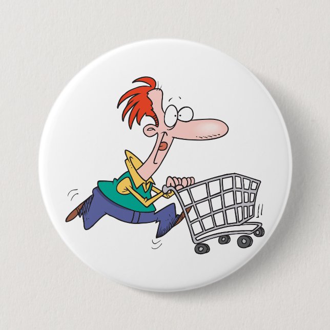Funny Cartoon Man Running With Shopping Cart Knapp (Framsida)