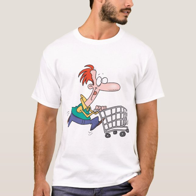 Funny Cartoon Man Running With Shopping Cart T Shirt (Framsida)