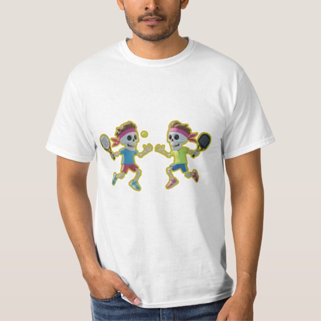 Funny Cartoon Skeletons Playing Padel Tennis – 3D  T Shirt (Framsida)