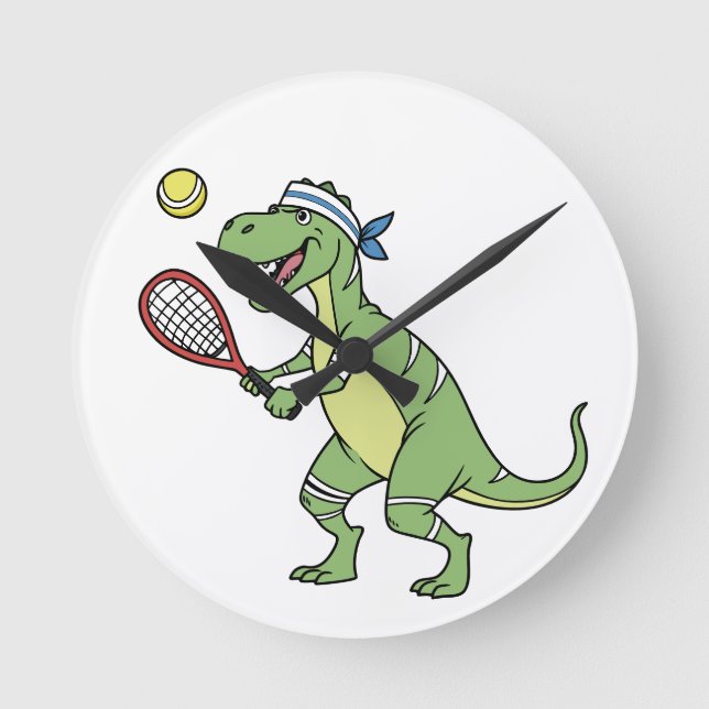  Funny Cartoon T-Rex Playing Tennis Dinosaur Rund Klocka (Framsida)