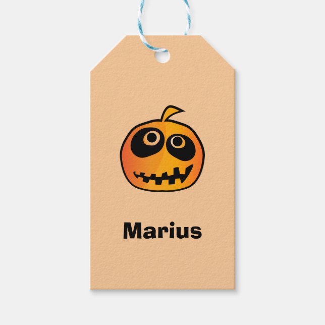Funny Carved Orange Halloween Pumpkin Ansikte Namn Presentetikett (Framsidan)