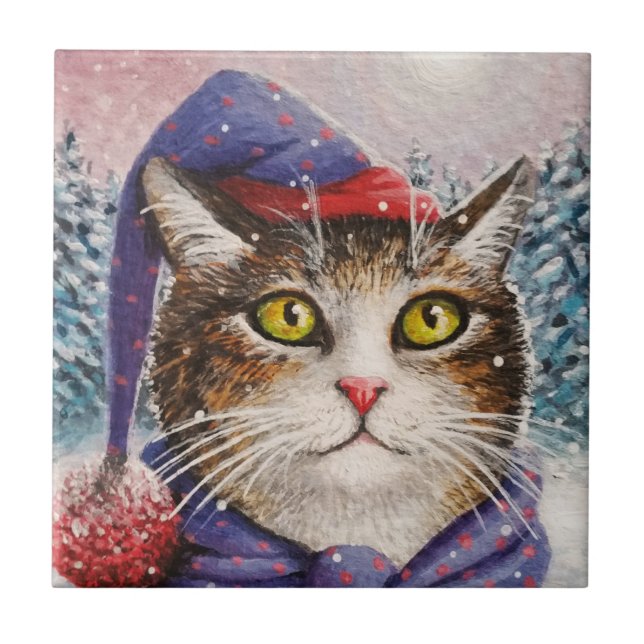 Funny Cat 631 Winter Snö Kakelplatta (Framsidan)