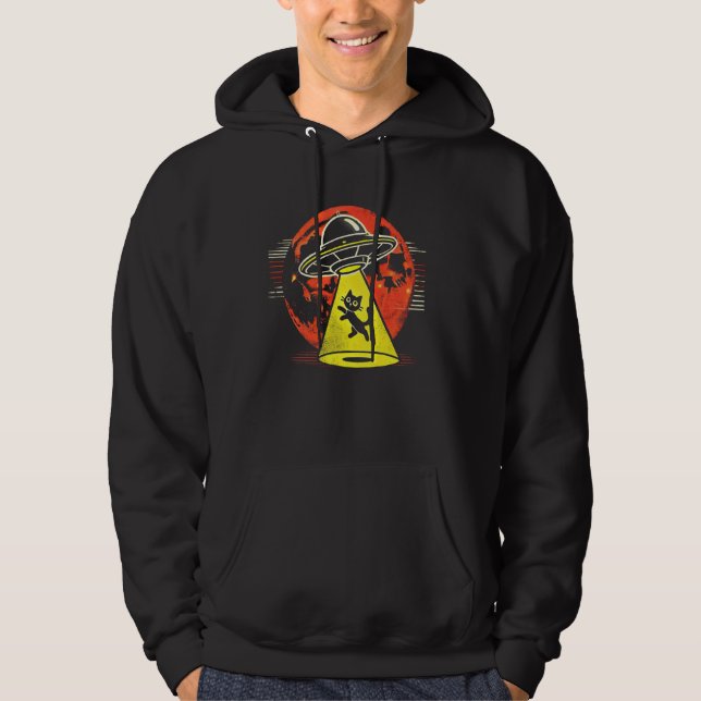 Funny Cat Alien Abduction Retro UFO Encounter Sci- Hoodie (Framsida)