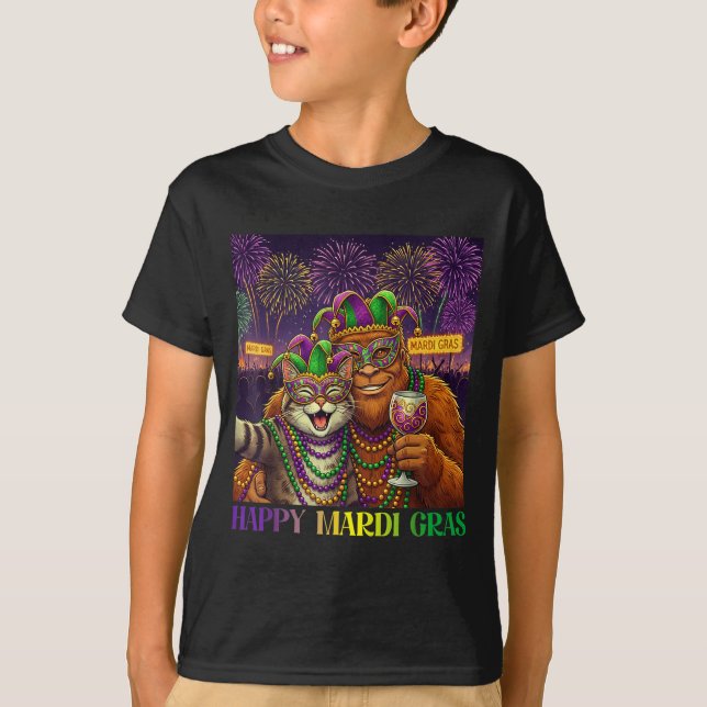 Funny Cat Bigfoot Selfie Mardi Gras Carnival Party T Shirt (Framsida)