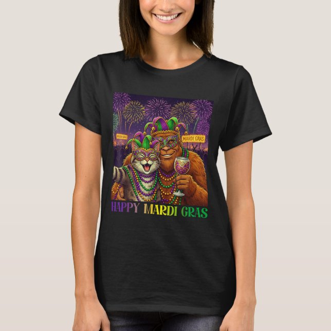 Funny Cat Bigfoot Selfie Mardi Gras Carnival Party T Shirt (Framsida)
