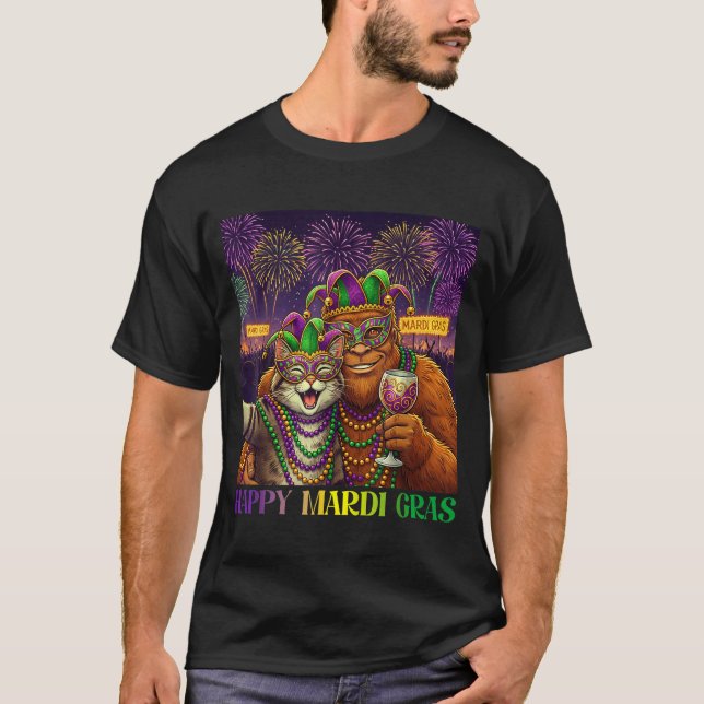 Funny Cat Bigfoot Selfie Mardi Gras Carnival Party T Shirt (Framsida)