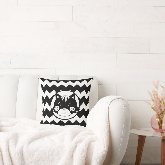 Funny Cat Black & White Chevron Kudde (Soffa)