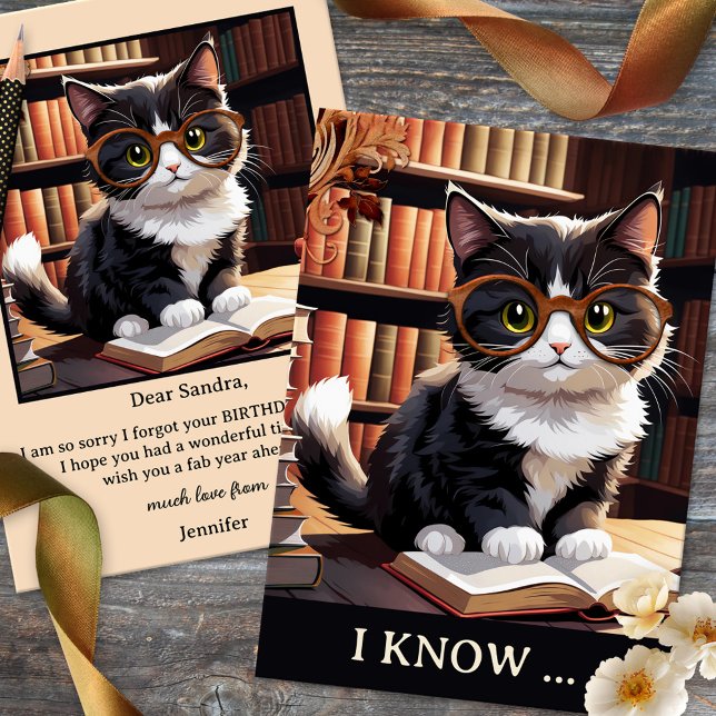 Funny Cat Bokar Belet Birthday Kort (Belated Birthday card featuring a cute kitty with glasses in a library or room with lots of books. )