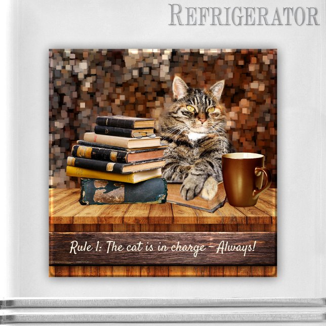 Funny Cat Bokar Coffee Magnet (Funny tabby cat magnet with a kitty lying on top of a pile of books with a coffee)