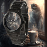 Funny Cat Caturday Coffee Armbandsur<br><div class="desc">Konstklocka med en målning av en grumlig katt med kaffe. Lägg till dina egna lustiga eller andra texter.</div>