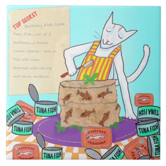 Funny Cat Chef Skapar födelsedagskummel Kakelplatta (Framsidan)