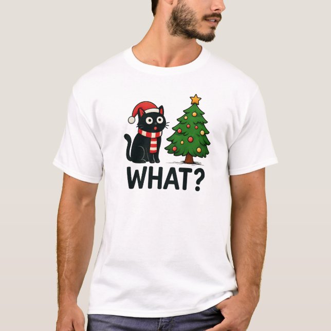 Funny Cat Christmas Shirt - "What Christmas Tree?" T Shirt (Framsida)