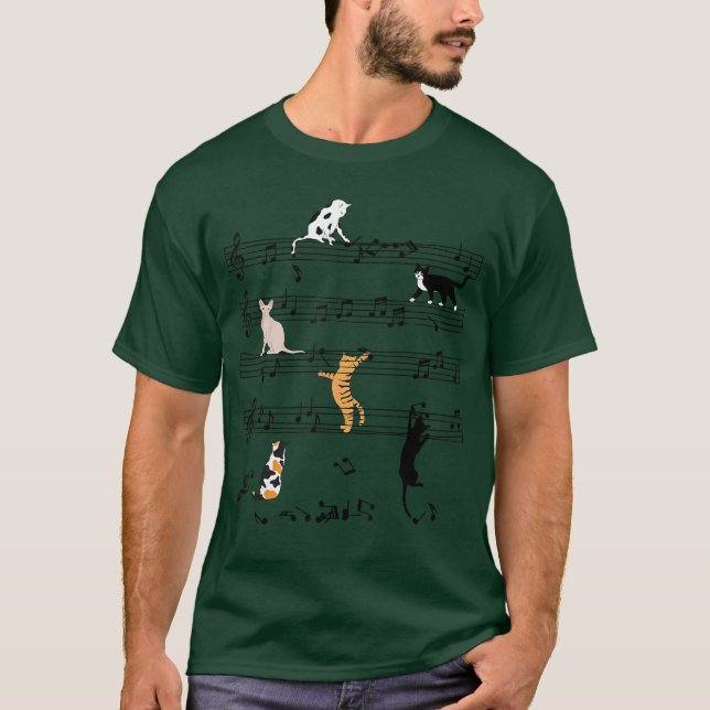 Funny Cat Climbing Playing Sheet Music Note Cat Mu T Shirt (Framsida)