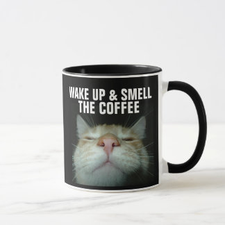 FUNNY CAT COFFEE MUG, WAKE UP & SMELL THE COFFEE MUGG
