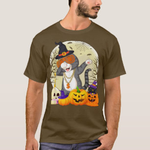 Funny Cat Dabbing Pumpkin Witch Cat Dab Halloween T Shirt