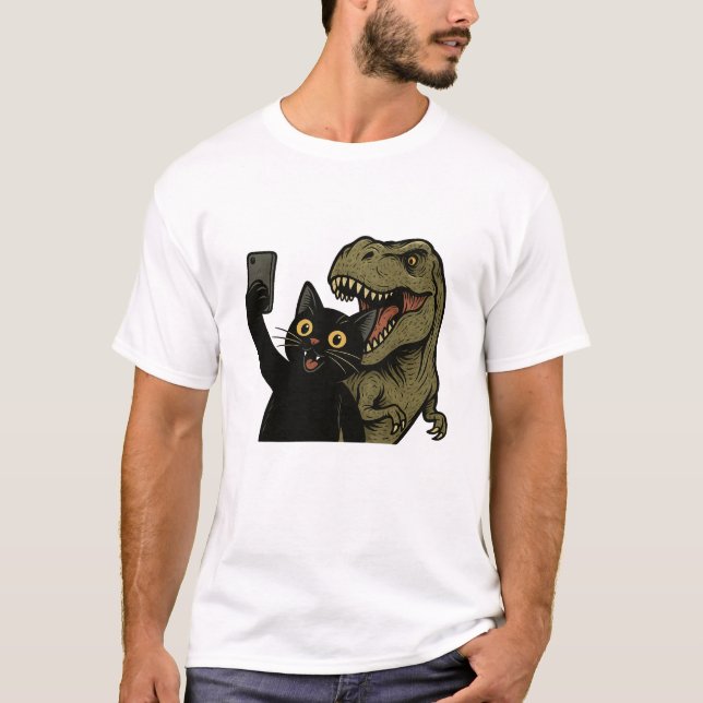 Funny Cat Dinosaur Selfie, Cool Dinosaur Lover T Shirt (Framsida)