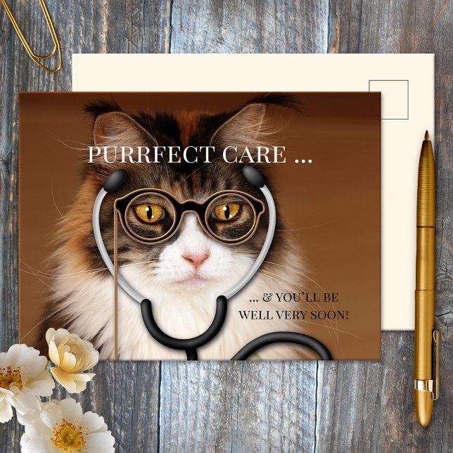 Funny Cat Doktor får snart ett vykort (Postcard featuring a funny cat doctor - great for well wishes for a cat lover)