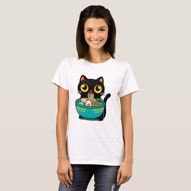 Funny Cat Eating Ramen Japansk Cat Ramen Noodles T Shirt (Hel framsida)
