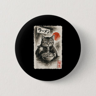 Funny Cat Eating Ramen Noodles Sumi-e Japansk Kaw Knapp