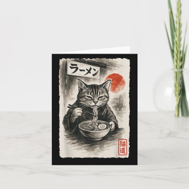 Funny Cat Eating Ramen Noodles Sumi-e Japansk Kaw Kort (Framsida)
