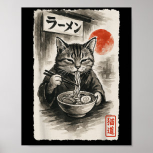 Funny Cat Eating Ramen Noodles Sumi-e Japansk Kaw Poster