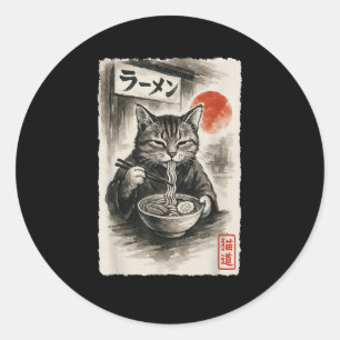 Funny Cat Eating Ramen Noodles Sumi-e Japansk Kaw Runt Klistermärke
