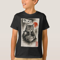 Funny Cat Eating Ramen Noodles Sumi-e Japansk Kaw