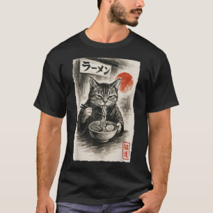 Funny Cat Eating Ramen Noodles Sumi-e Japansk Kaw T Shirt