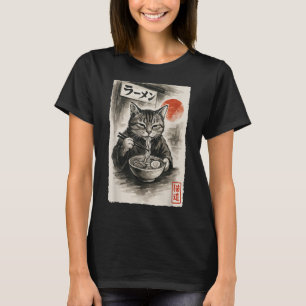 Funny Cat Eating Ramen Noodles Sumi-e Japansk Kaw T Shirt