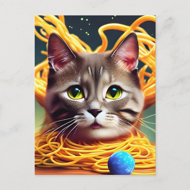 Funny Cat Eating Spaghetti Postcard Vykort (Framsida)