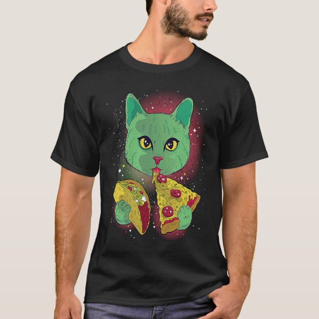 Funny Cat Eating Tacos and Pizza in Outer Space T  T Shirt (Framsida)