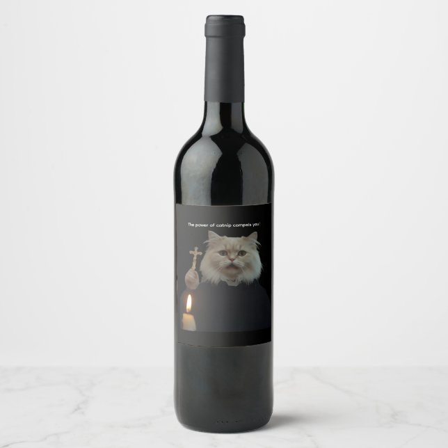 Funny Cat Exorcist Wine Label - Catnip Compels You Vinflaska Etikett (Framsida)
