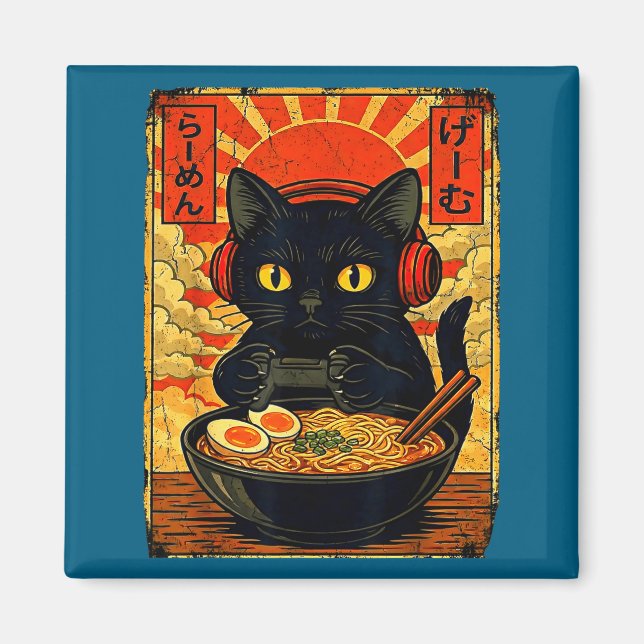 Funny Cat Gamer Men Anime Kawaii Gaming Headset Ca Magnet (Framsidan)