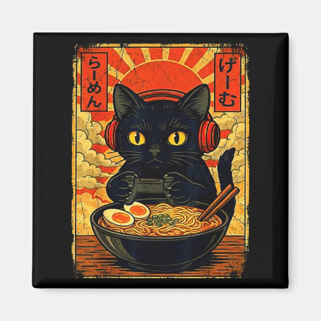 Funny Cat Gamer Men Anime Kawaii Gaming Headset Ca Magnet (Framsidan)