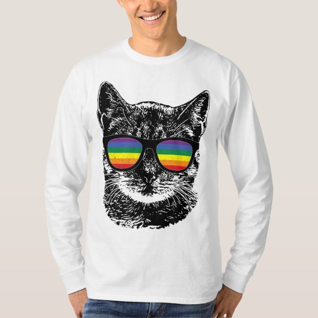 Funny Cat Gay pride LGBT Rainbow Sunglasses T Shirt (Framsida)