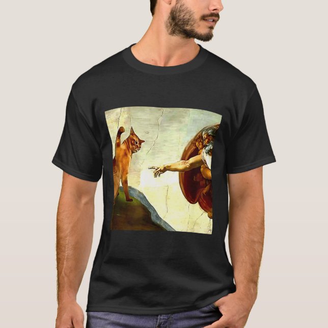 Funny Cat God Creation Of Adam Meme Jesus Christia T Shirt (Framsida)