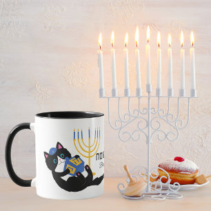 Funny Cat Guld Menorah Hebrew Lycklig Hanukkah Mugg